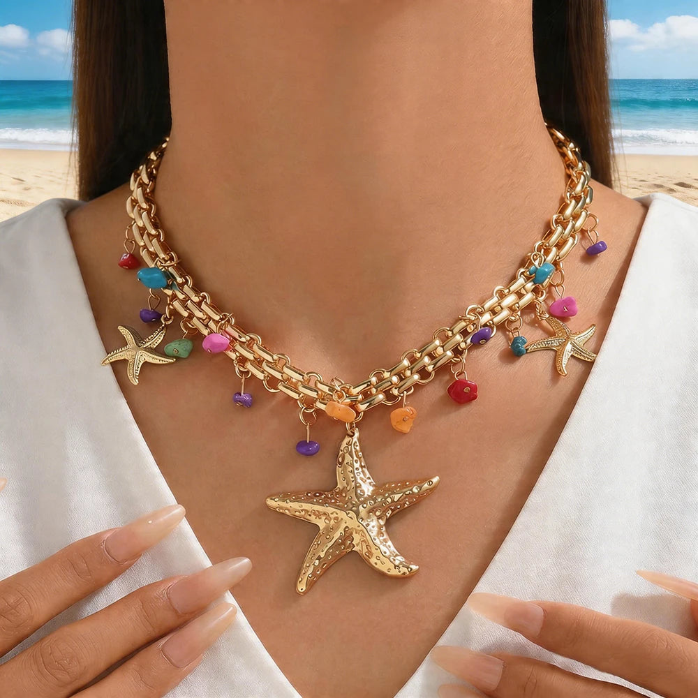 Chunky Starfish Charm Necklace Gold Alloy Boho Choker for Women Summer Beach Vacation Daily Party Gift