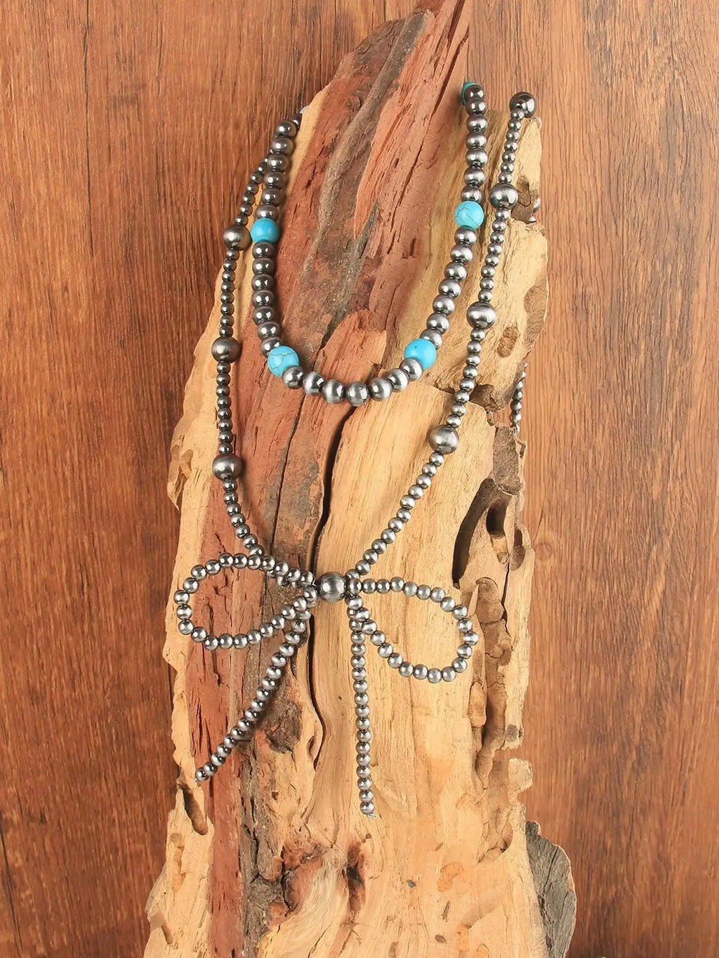 2-Piece Layered Beaded Bow Necklace Set with Turquoise Accents